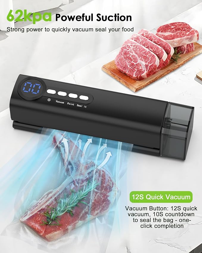Small Magnetic Vacuum Sealer for Food, 62 Kpa Strong Suction, 3-in-1 Cordless Rechargeable Food Sealer with 1 Vacuum Bag & 4 Snack Bags, Heat Sealer, Inflation Pump for Balls/Swim Ring - Black