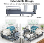 Dish Drying Rack, Expandable Dish Rack for Kitchen Counter, Stainless Steel Dish Drainer with Drainboard Set and Utensil Holder (Gray)