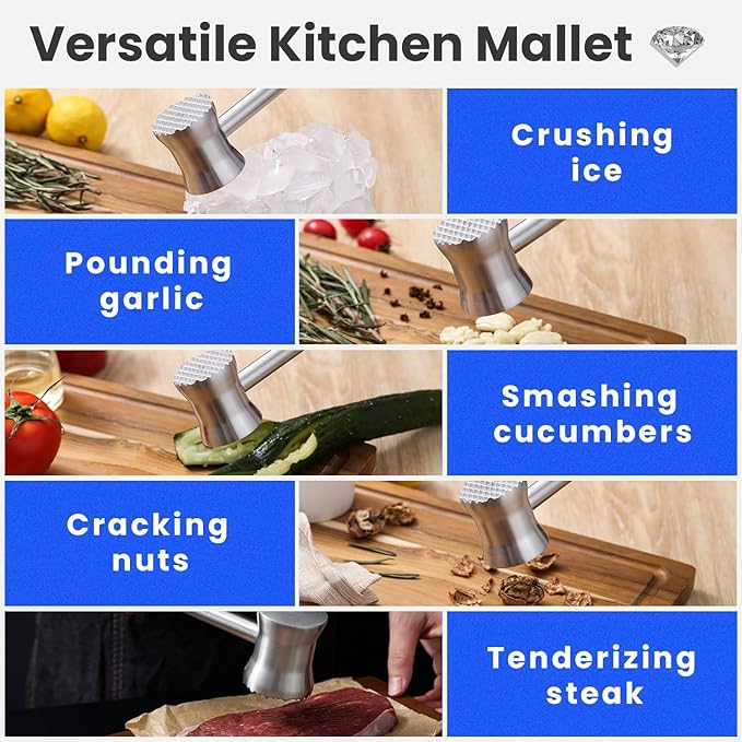 304 Stainless Steel Meat Tenderizer Mallet, Dual Side Meat Hammer Chicken Pounder, Heavy Duty Meat Beater for Steak and Beef, Meat Pounder Kitchen Cooking Mallet Dishwasher Safe