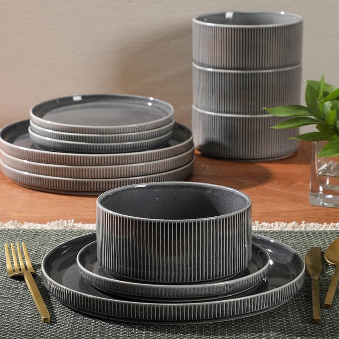 Gibson Elite Solana Coast 12 Piece Stoneware Reactive Glaze (Service for 4) Ceramic Plates and Bowls Modern Shape Embossed Dinnerware Set - Black