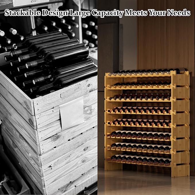 Bambloom Wine Rack Freestanding Floor, Stackable Wine Bottle Storage, Wooden Free Standing Wine Stand Organizer for Kitchen,Cellar. 36 Bottles Wine Holder Display Shelves for Champagne (Bamboo)