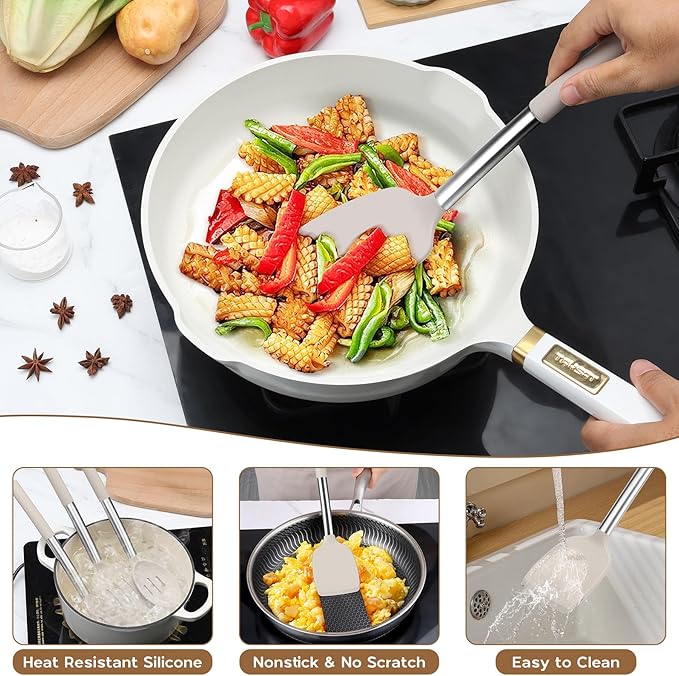 Silicone Cooking Utensils Set of 15, Kitchen Utensils Set with Holder for Nonstick Cookware, 446°F Heat Resistant Stainless Steel Handle - Khaki