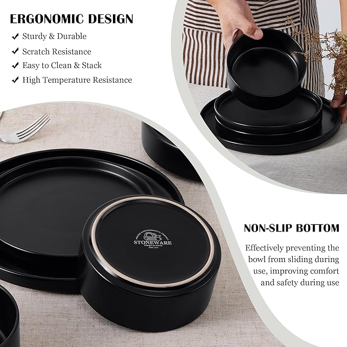 E-far Stoneware Dinnerware Sets, 12-Piece Plates and Bowls Dish Set for 4, Kitchen Modern Dinning Ware, Chip and Scratch Resistant, Microwave & Dishwasher Safe, Matte Black