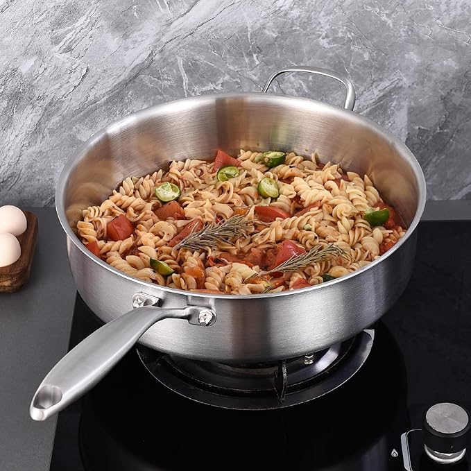 LOLYKITCH 5 Quarts Tri-Ply Stainless Steel Sauté Pan wih Lid, 12 Inch Deep Frying Pan,Jumbo Cooker,Induction Cooking Pan,Dishwasher and Oven Safe,Detachable Handle.