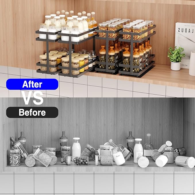 Pull Out Spice Rack Organizer for Cabinet, 2 Tier Metal Slide Out Seasoning Organizer and Storage Heavy Duty Vertical Spice Rack Shelf Pullout for Kitchen Cabinets No Drilling(1 Pack, Black)
