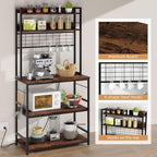 Shintenchi Bakers Rack with Power Outlet, Large Storage Space, 10 Hooks Coffee Bar with Metal Wire Panel, High Microwave Stand, Classic Kitchen Storage Shelf Design, Vintage Brown