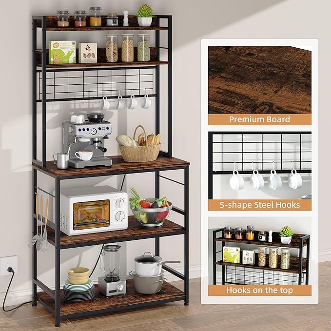 Shintenchi Bakers Rack with Power Outlet, Large Storage Space, 10 Hooks Coffee Bar with Metal Wire Panel, High Microwave Stand, Classic Kitchen Storage Shelf Design, Vintage Brown