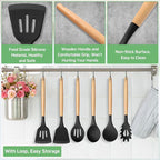 TeamFar Silicone Cooking Utensils Set of 6, Kitchen Utensils with Wooden Handles, Slotted Turner, Soup Ladle, Spoon for Non-stick Cookware, Heat-Proof, Non-Scratch, Black