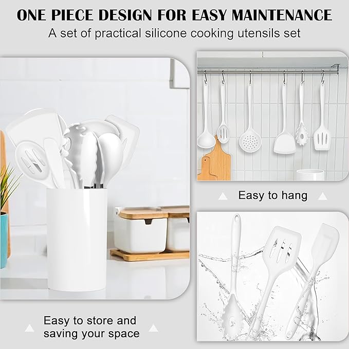 HaWare Kitchen Utensils, 14 PCS Silicone Cooking Utensils Set, Heat Resistant Kitchen Utensils for Non-stick Cookware, Kitchen Gadgets Tools with Spoons, Spatulas, Whisk, Dishwasher Safe (White)