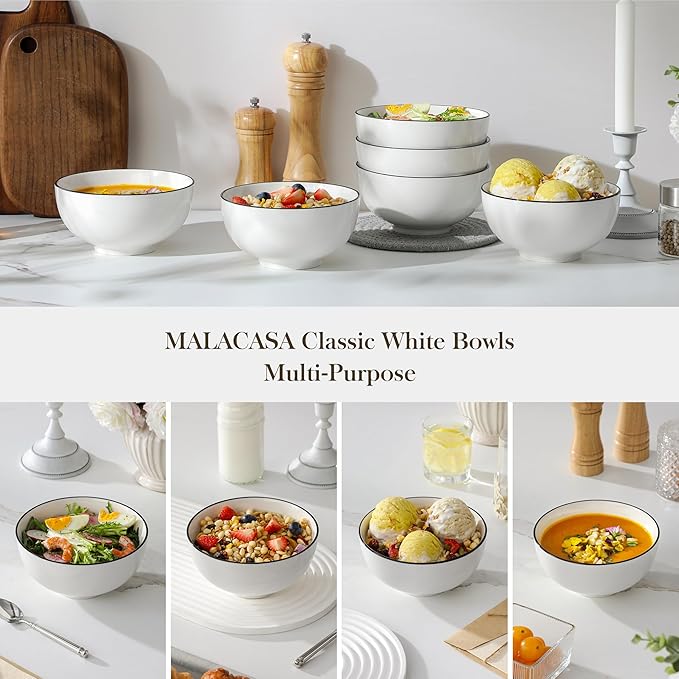 MALACASA Porcelain Soup Bowls, White Ceramic Cereal Bowls for Kitchen, Dishwasher and Microwave Safe, Series Regular 26Oz