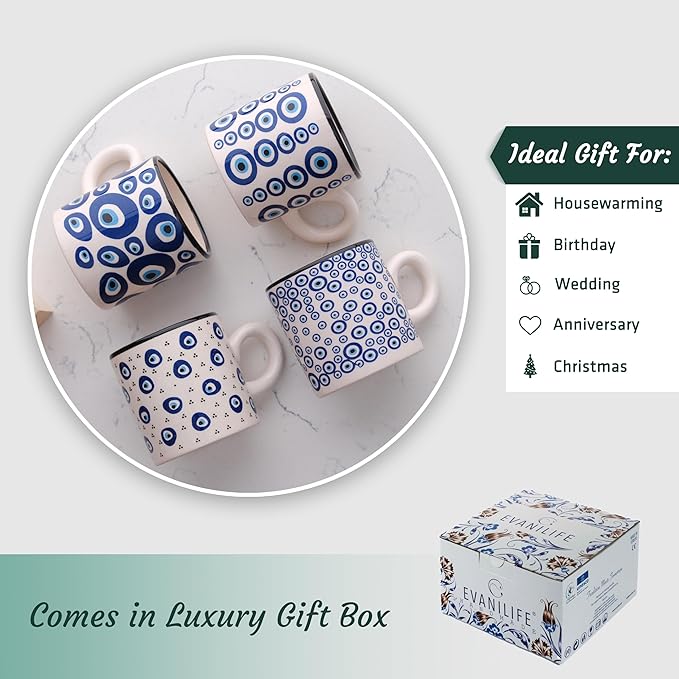 Ceramic Espresso Cups, 5 Oz Espresso Cups Set of 4, Handmade Espresso Cup, 2.75 Inch Espresso Mugs, Multicolor Demitasse Cups, Microwave & Dishwasher Safe Espresso Mugs, Coffe Mug Set (NAZAR CHARM)