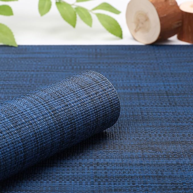 Myir JUN Placemats Set of 6, Vinyl Woven Placemats Place Mats Indoor Washable Table Mats Non-Slip Place mats for Dining Table (Dark Blue, Set of 6)