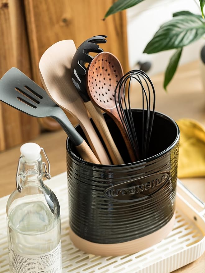 YHOSSEUN Black Utensil Holder, Ceramic Utensil Holder for Kitchen Counter, 6.7" Halloween Utensil Crock for Kitchen Tools Utensil Caddy, Oval Shape