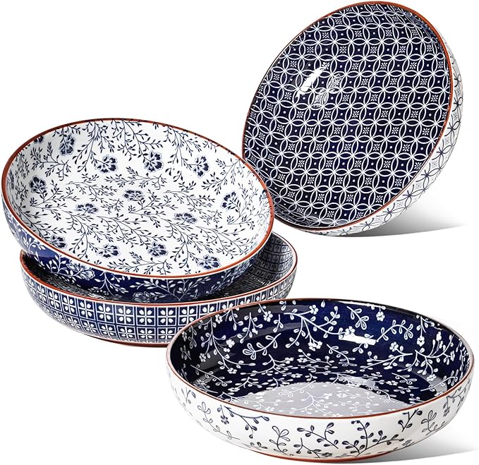 LE TAUCI Pasta Bowl 32 oz, Ceramic Salad Bowl, Japanese-Style Plate Bowls for Serving Pasta, Fruits, Salad, Noodle, Dinner, Soup, Mircrowave Oven Dishwasher Safe - 8.2 Inch, Set of 4, Vintage Blue