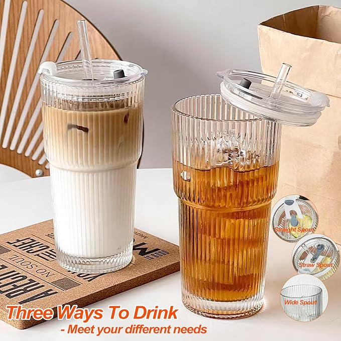 20 oz Ribbed Glass Tumblers with Lids and Straws – Set of 4 Thickened Glassware, Elegant Durable Ribbed Drinking Glasses Bulk for Iced Coffee Cups, Cocktails, Smoothies, Juice, Hot or Cold Beverages