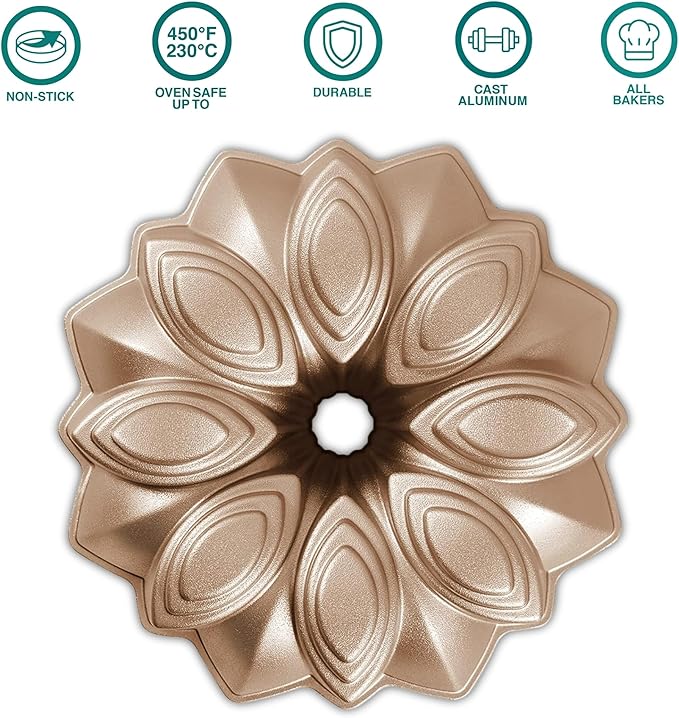 Baker's Secret Nonstick for Fluted Cake Pan, Perfect for Fluted Cakes, Die Cast Aluminum Cake Pans, 2 Layers Non-stick Coating For Easy Release, compatible with Fluted Cake Pans - (Bloom)