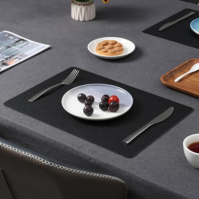 Myir JUN Placemats Dual Sided, Faux Leather Place Mats Set of 8 Indoor Placemats for Dining Table Non-Slip Washable Placemats Heat Resistant Outdoor Table Mats (Set of 8, Black)