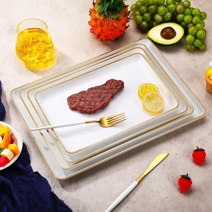 Rtteri Set of 4 Large Serving Platter Set 15/14/13/12 Inch Heavy Plastic Serving Trays Unbreakable Rectangular Platter Reusable Wood Grain Tray for Buffet Wedding Christmas Party(White and Gold)