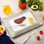 Rtteri Set of 4 Large Serving Platter Set 15/14/13/12 Inch Heavy Plastic Serving Trays Unbreakable Rectangular Platter Reusable Wood Grain Tray for Buffet Wedding Christmas Party(White and Gold)