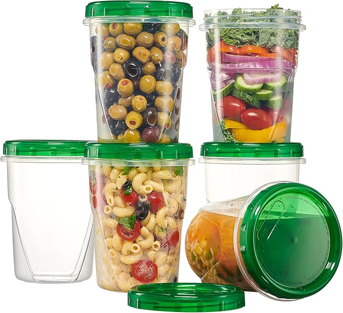 PLASTICPRO 6 Pack Twist Cap Food Storage Containers with Green Screw on Lid- 32 oz Reusable Meal Prep Containers - Freezer and Microwave Safe Green Plastic Food Storage