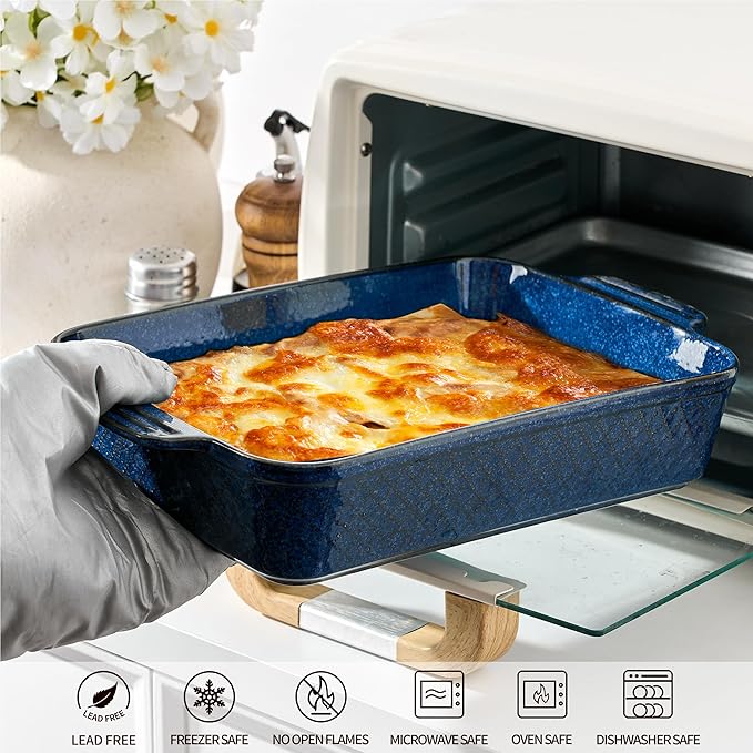 Ceramic Baking Dish Set of 3, Casserole Dishes for Oven, Square Porcelain Bakeware Set with Handles, Lasagna Baking Pan for Cooking, Perfect for Baking and Serving, Housewarming, Halloween, Thanksgiving, Christmas, New Year- Blue