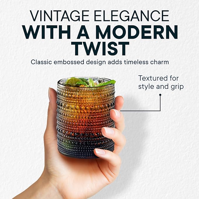12 OZ Hobnail Drinking Set of 12 – Vintage Embossed Glassware, Textured Tumblers for Water, Beer, Cocktails, Mocktails, Whiskey & More – Includes Straws and Coasters – Smokey Gray