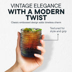 12 OZ Hobnail Drinking Set of 12 – Vintage Embossed Glassware, Textured Tumblers for Water, Beer, Cocktails, Mocktails, Whiskey & More – Includes Straws and Coasters – Smokey Gray