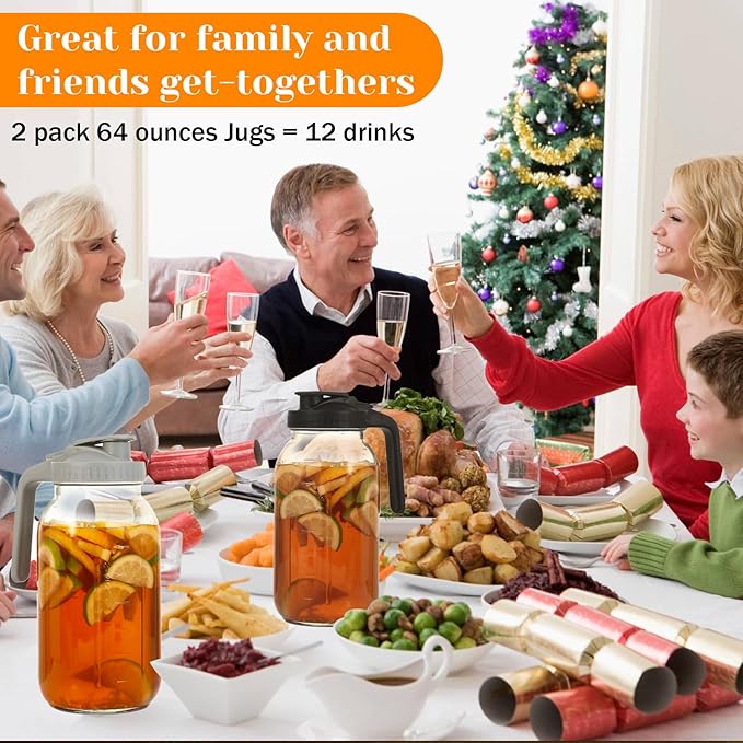 2 Pack Glass Pitchers with Lid, 64 oz Sun Tea Pitcher, Half Gallon Mason Jar Pitcher with Wide Mouth Airtight Lid for Ice Tea, Cold Brew Coffee, Fridge Water, Milk, Juices, Leak Proof Water Jug