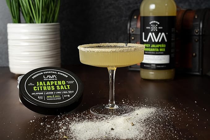 LAVA Premium Jalapeno Citrus Margarita Salt Cocktail Rimmer, All Natural Spicy Margarita Rimmer Salt, Sea Salt Rocks, Real Lime, No Silicon Dioxide, with Easy Screw-On Lid - 6oz