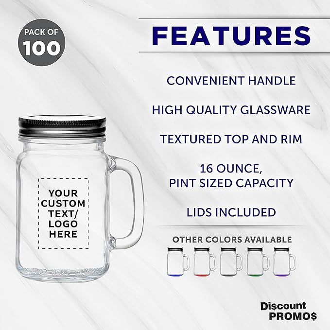DISCOUNT PROMOS Custom Libbey Handle Mason Jars w/Lids 16 oz. Set of 100, Personalized Bulk Pack - Traditional style, High standard - Clear