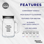 DISCOUNT PROMOS Custom Libbey Handle Mason Jars w/Lids 16 oz. Set of 100, Personalized Bulk Pack - Traditional style, High standard - Clear