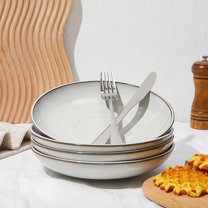 Pasta Bowls 30 oz, Terracotta Ceramic Plate Bowls for Kitchen, Microwave & Dishwasher Safe, Large Wide Serving Bowls for Salad/Soup/Noodle/Dessert, Moonstone White