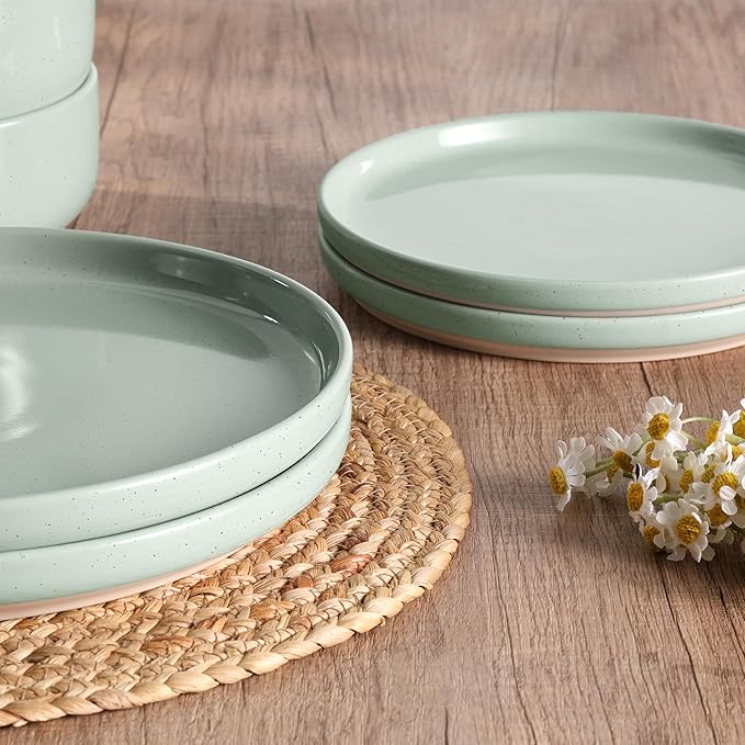 HaWare Stoneware Dinnerware Sets, 12-Piece Plates and Bowls Set for 4, Dishes Set for Home Restaurant, Speckled Asparagus Green