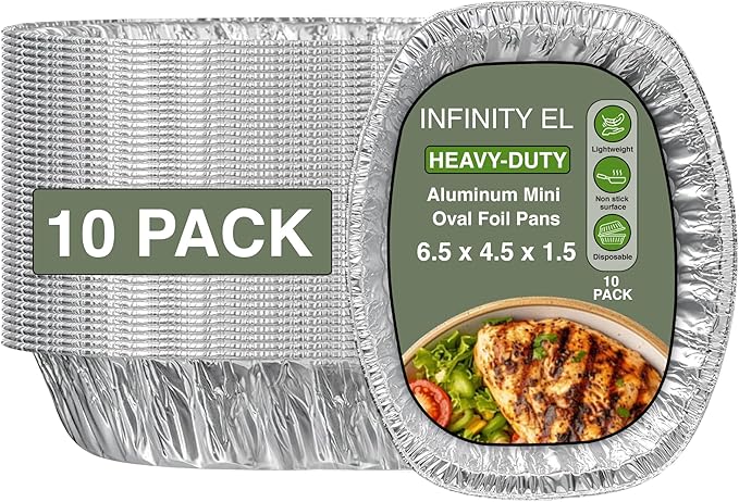 INFINITY EL Disposable Mini Oval Aluminum Pans 10 Pack | Deep Disposable Baking Pan | Heavy Duty Oval Aluminum Roasting pan for Chafing, Turkey, Lasagna, Thanksgiving, Christmas, Parties & Meal Prep