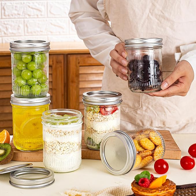 Amzcku 16oz vintage Mason Jars with Lids, Wide Mouth Canning Jar, Safe For Storage, Canning, Pickling, Preserving, Fermenting, DIY Crafts & Decor 6 Pack