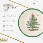 Spode Christmas Tree 8" Salad Plate Set of 4- Festive Holiday Stoneware Plate with Christmas Tree Design, Green Bordered Edges, Microwave, Dishwasher, Freezer, Oven Safe