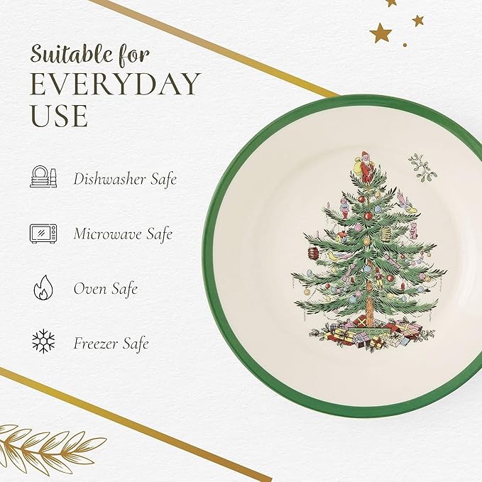 Spode Christmas Tree 8" Salad Plate Set of 4- Festive Holiday Stoneware Plate with Christmas Tree Design, Green Bordered Edges, Microwave, Dishwasher, Freezer, Oven Safe
