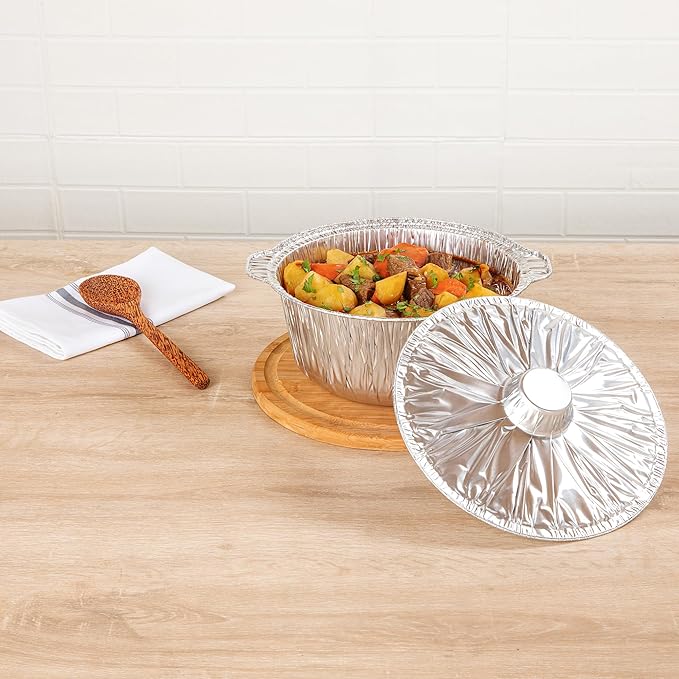 Foil Lux 3.5 Quart Pans And Lids, 10 Disposable Pots With Lids - Oven-Ready, Stove Compatible, Aluminum Foil Baking Pans, Freezable, For Outdoor Camping, Vacation, Picnic, And More - Restaurantware