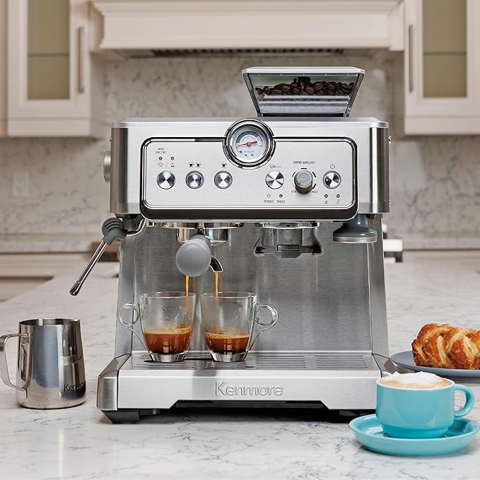 Kenmore Espresso Machine - Automatic Coffee Maker With Manual Tamper, Auto Cleaning, Milk Steamer & Frother, Bean Grinder, Make Professional Barista Style Cappuccino, Café Latte, Stainless Steel