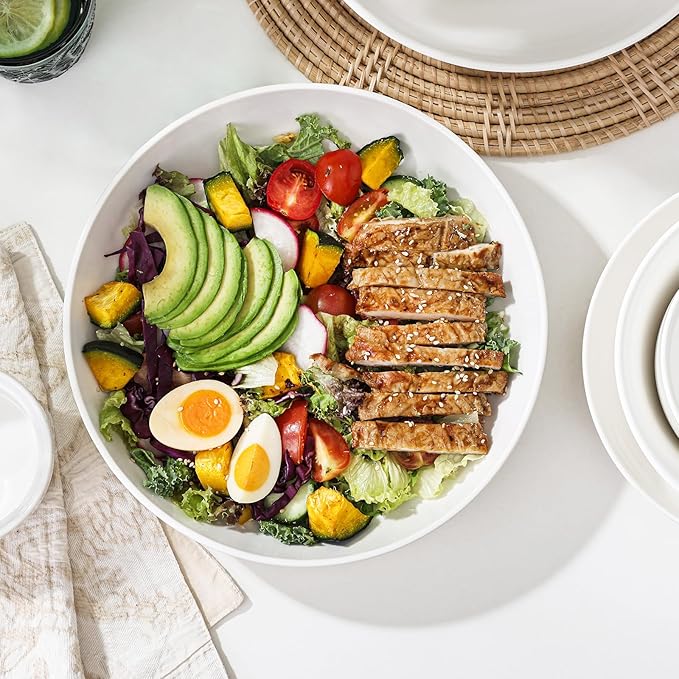 DOWAN Pasta Bowls, 10" Large Salad Serving Bowls 51 OZ White Ceramic Soup Bowls Set of 4 Wide and Shallow Plate Bowl Serving Dish for Soup, Pasta, Noodle, Dinner, Microwave & Dishwasher Safe