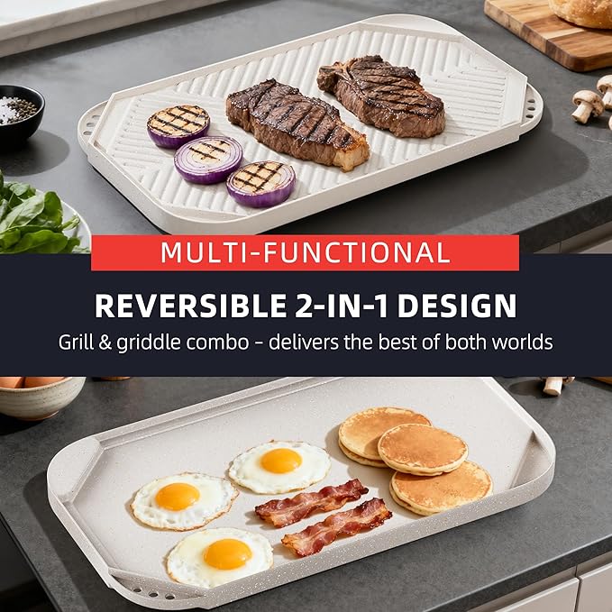 Nonstick Griddle Grill Pan - 19.5" x 11" Reversible Griddle Pan for Stove Top, Grill, or Campfire, Two Burner Cast Aluminum Grill, Rectangular Baking Flat and Ribbed Griddle Plate, Beige