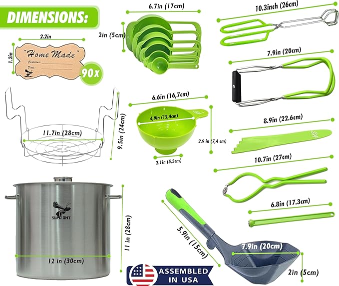 Supa Ant 21.5 Qt. Stainless Steel Water Bath Canning Pot with Canning Supplies Starter Kit -Canning Rack,Food Grade Canning Ladle, Measuring Cups,Funnel,Tongs,Jar Lifter & Wrench,Lid Lifter,90x Labels