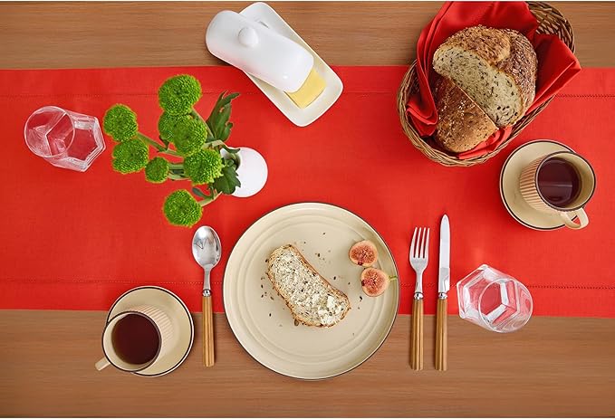Solino Home Cotton Linen Table Runner 60 Inches - Poppy Red Hemstitch Table Runner 14 x 60 Inch Ideal for Dresser and Coffee Tables - Summer, Halloween