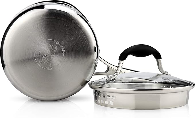 AVACRAFT Tri-Ply Stainless Steel Saucepan with Glass Strainer Lid, Two Side Spouts, Ergonomic Handle, Multipurpose Sauce Pan with Lid, Sauce Pot, Cooking Pot (Tri-Ply Full Body, 1.5 Quart)
