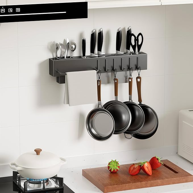 NET MEYA Stainless Steel Pot and Pan Hanger,Wall Mounted Pot Rack Kitchen Hanging Rail With S Hooks,Detachable Pans Hanging Rail Kitchen Lids Utensils Hanger,15.7 Inch Wall Mounted Hanging Pot Rack