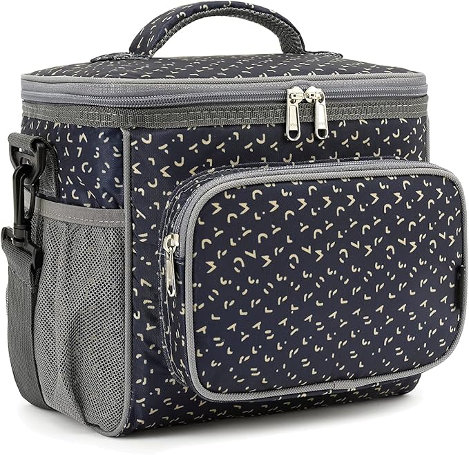 FlowFly Insulated Reusable Lunch Bag Adult Large Lunch Box for Women and Men with Adjustable Shoulder Strap,Front Zipper Pocket and Dual Large Mesh Side Pockets,Alphabet