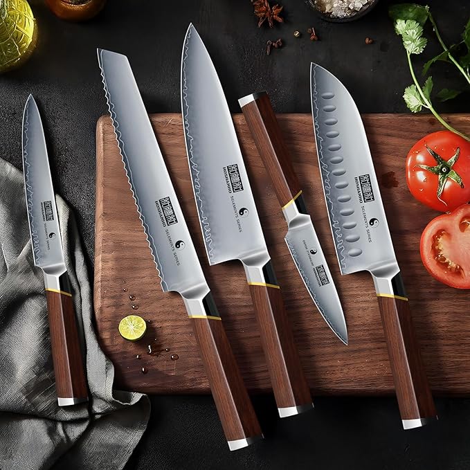 8 Pieces Knife Set with Magnetic Block, Ultra-Sharp High-carbon Steel Kitchen Knife Set, Professional Knife Block Set with Ergonomic Wooden Handle & Sharpener