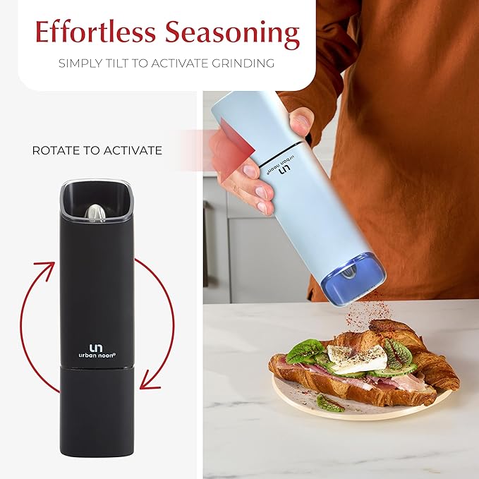 Automatic Salt and Pepper Grinder Set - Rechargeable Electric Salt and Pepper Shakers with Adjustable Coarseness, LED Light, One-Handed Use, Gravity Salt Grinder and Electric Pepper Mill