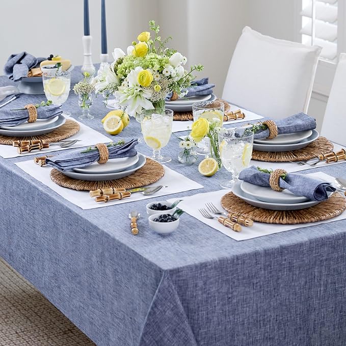 Solino Home Linen Tablecloth 60 x 120 Inch - 100% Pure Linen Chambray Indigo Table Cloth for Rectangle Tables - Athena, Machine Washable Tablecloth for Summer