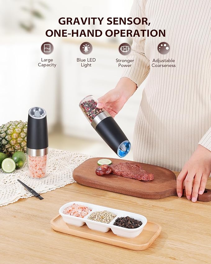 Sangcon Gravity Electric Pepper and Salt Grinder Mill Automatic Shaker Grinder with LED Light, Battery Powered Adjustable Coarseness One Hand Operation, Upgraded Larger Capacity, 1pc